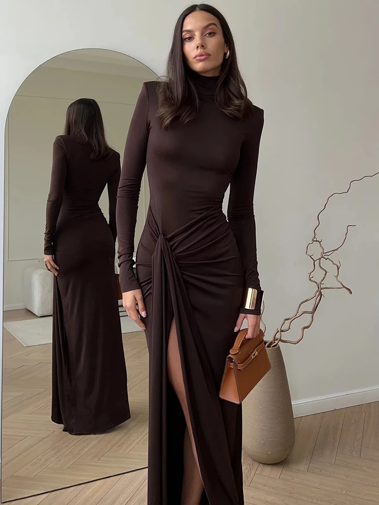 High-Slit Turtleneck Bodycon Maxi Dress - Viviana